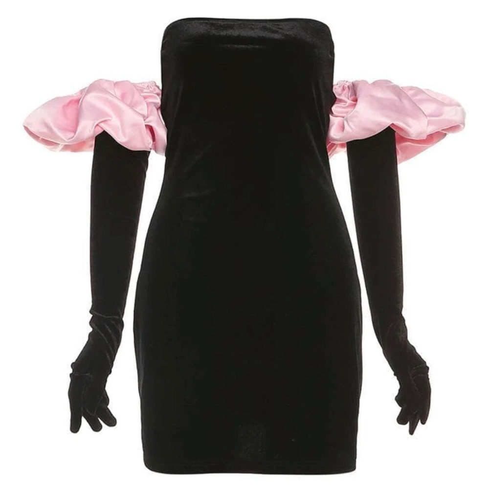 Halibuy Puff Sleeve Off Shoulder Velour Mini Dress-Size Large